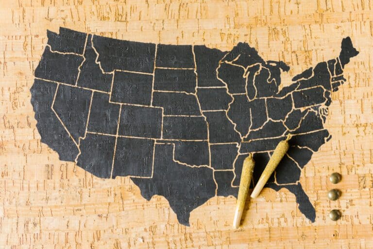 Chalkboard map of the United States with chalk and pins.