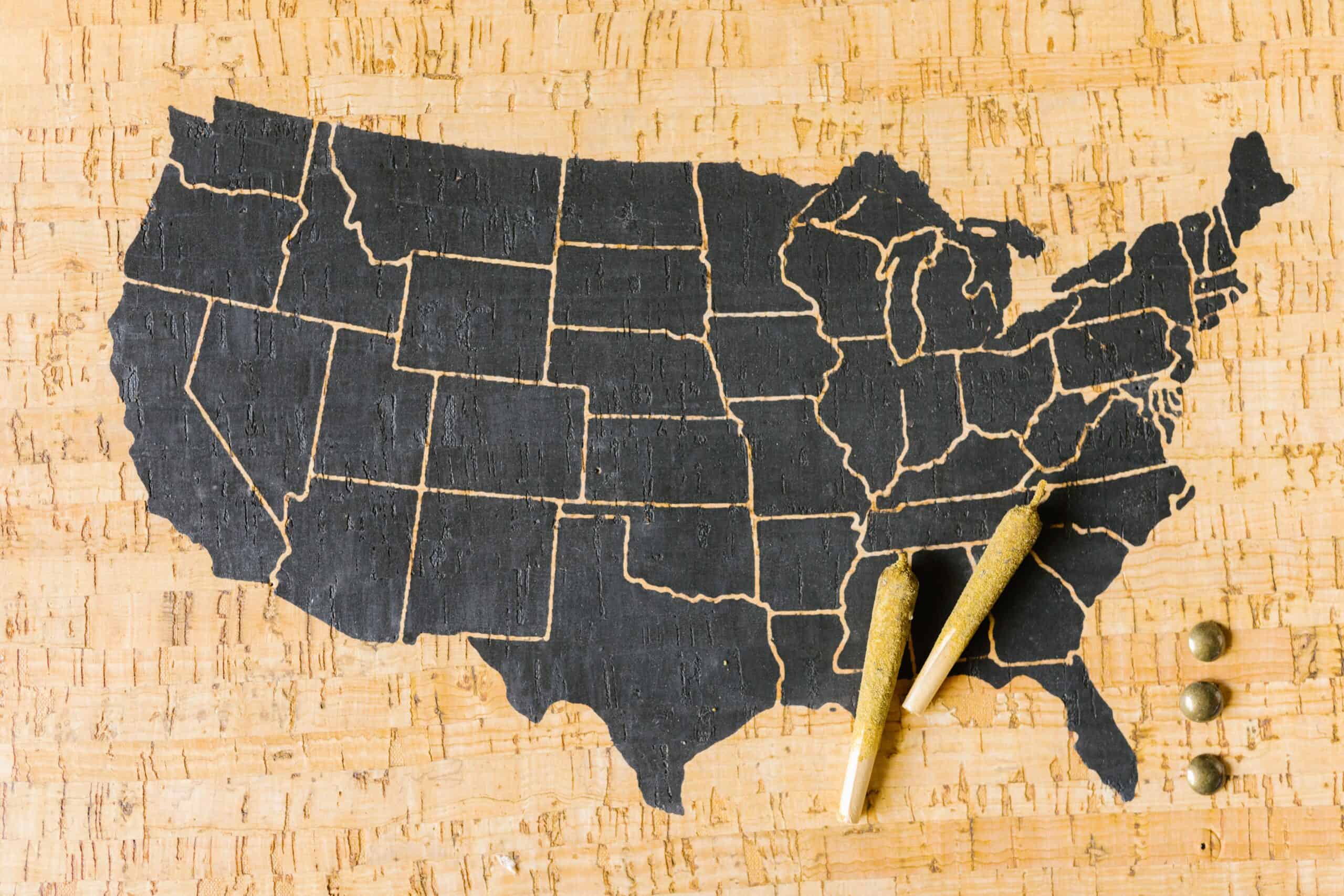 Chalkboard map of the United States with chalk and pins.